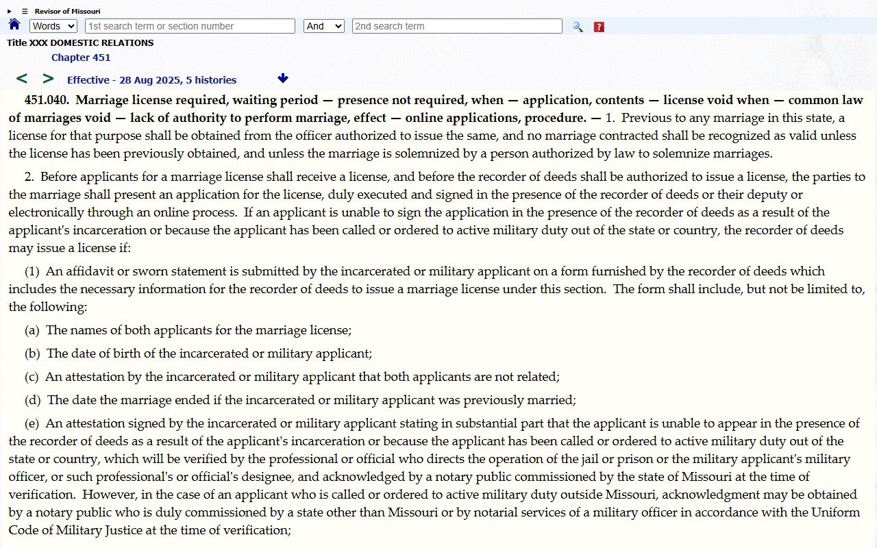 Newton County marriage records Missouri license statute