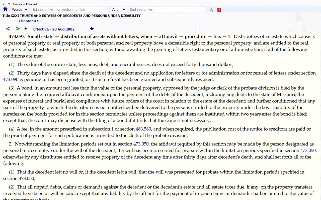 Newton County probate records Missouri small estate statute
